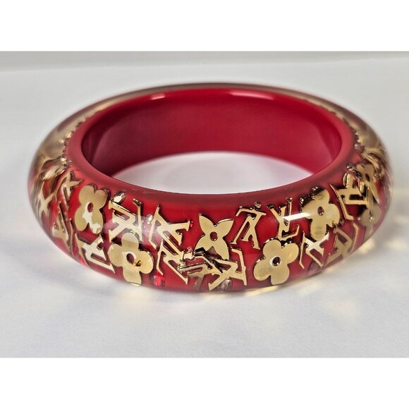 LOUIS VUITTON Red Monogram Inclusion Bracelet GM Charm Bangle Gold LV Logo Charm - Picture 4 of 14